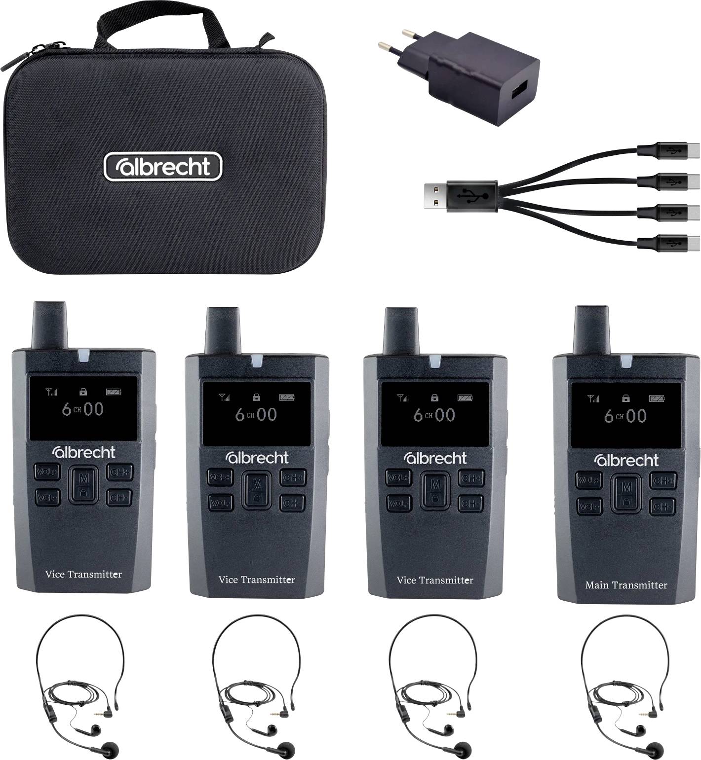 Système de guide touristique sans fil 'Albrecht' comprenant quatre émetteurs, des écouteurs, un câble de charge, un adaptateur de prise et un étui de transport.