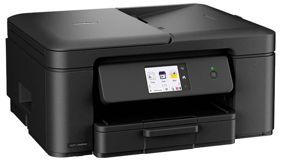 Une imprimante multifonction noire avec un affichage numérique et plusieurs boutons, capable d'imprimer, numériser et copier des documents.