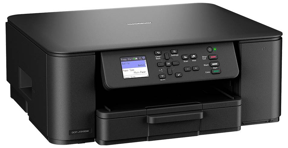 Une imprimante multifonction noire avec un panneau de commande affichant des options. Conçue pour un usage domestique ou de bureau.