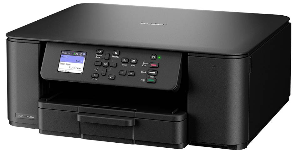 Une imprimante multifonction noir à jet d'encre avec un affichage numérique et un panneau de contrôle, offrant des options pour numériser, copier et imprimer des documents.