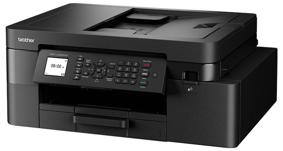 Une imprimante multifonction noire à jet d'encre avec un écran LCD affichant '08:00'. Le panneau de commande comprend des boutons pour différentes fonctions.