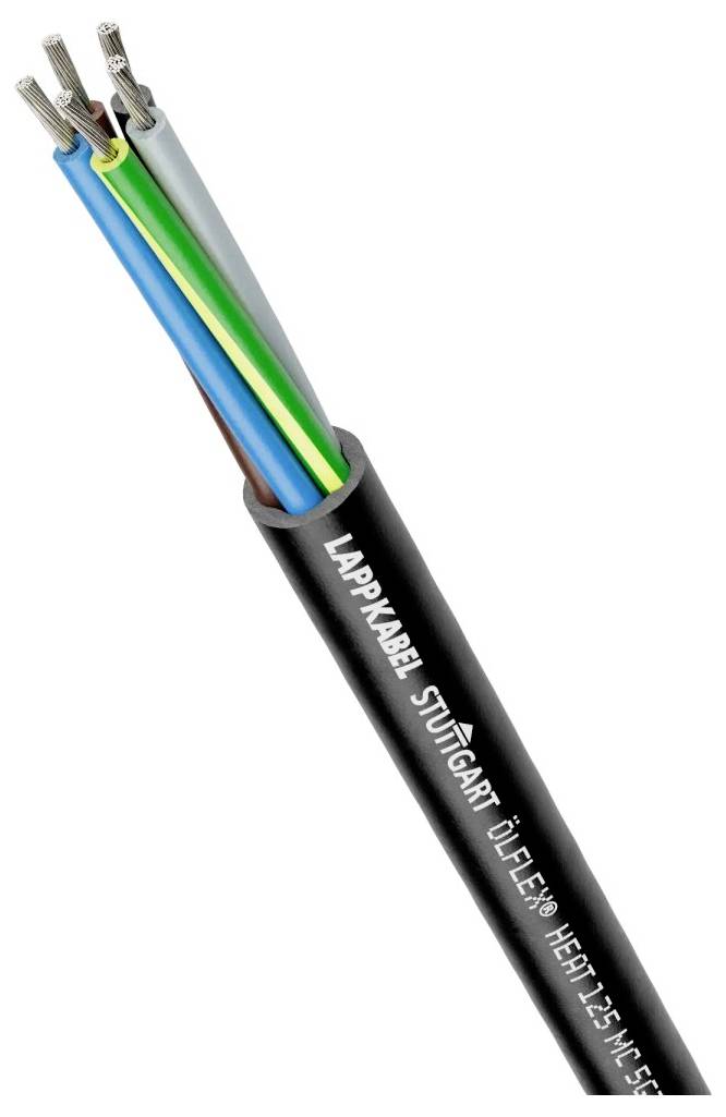 Un câble multiconducteur noir avec des fils visibles en bleu, vert-jaune, marron et gris. Le texte sur le câble indique : « Lappkabel Stuttgart ÖLFLEX® HEAT 125 MC ».