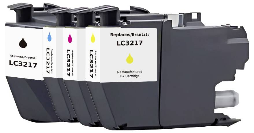 Ensemble de quatre cartouches d'encre remises à neuf étiqueté 'LC3217' en noir, cyan, magenta et jaune pour une imprimante.