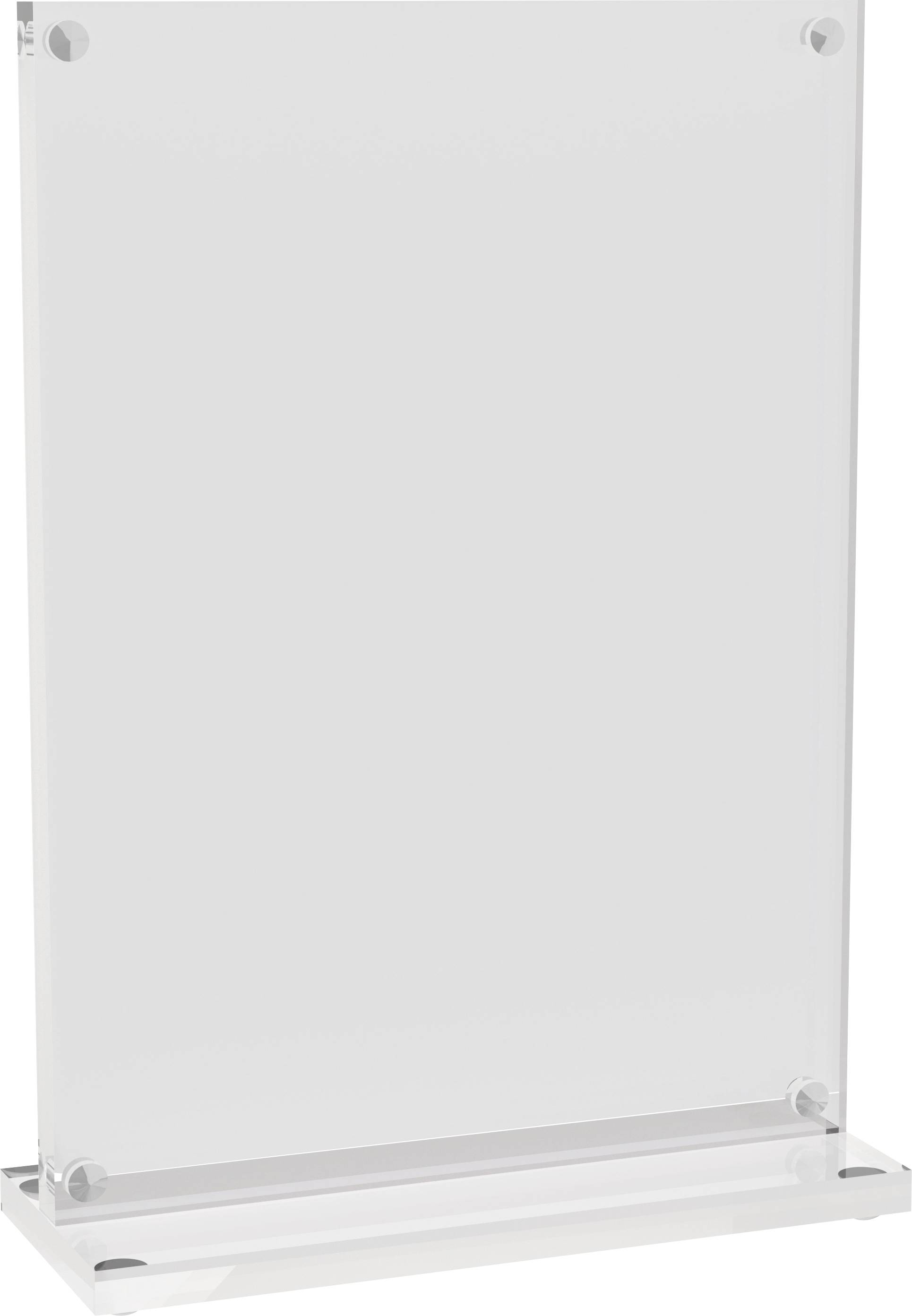 Support d'affichage en acrylique transparent avec une fente verticale pour tenir des panneaux ou des menus. Design simple et fonctionnel, adapté à une utilisation sur table.