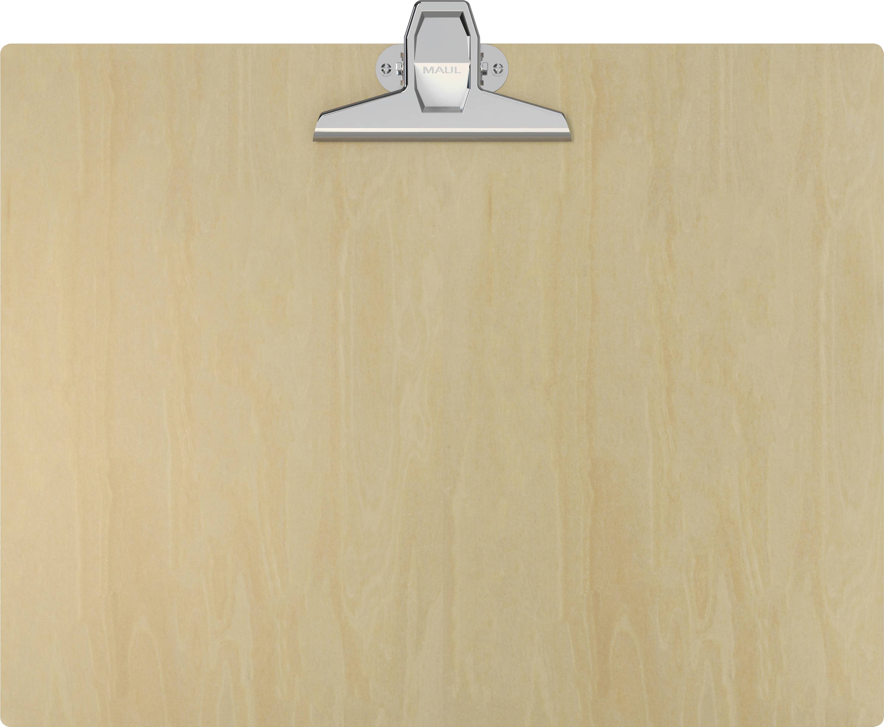 Un presse-papiers en bois avec un clip argenté en haut, vide et prêt à être utilisé, sur un fond uni.