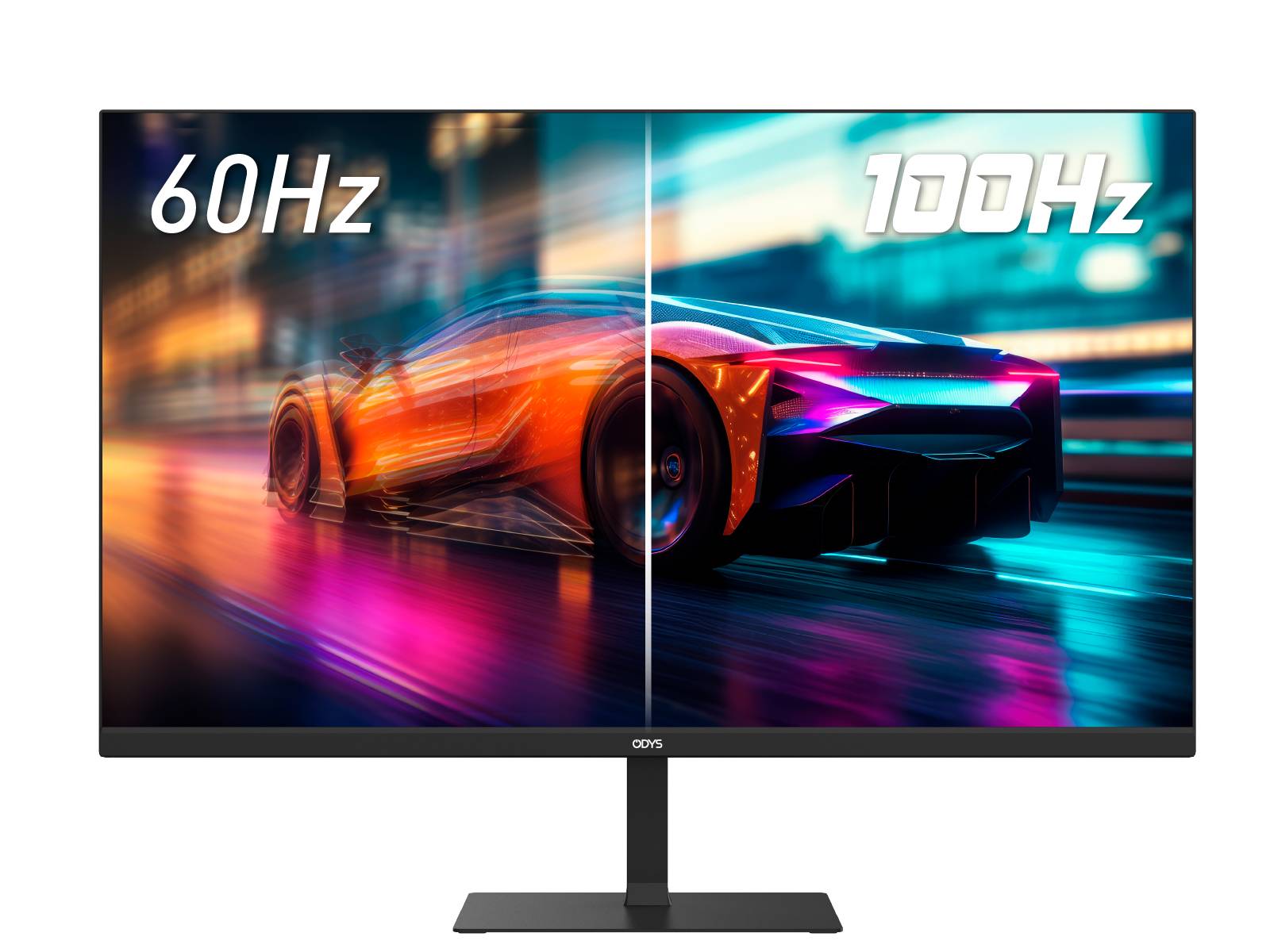 Une image en écran partagé compare une voiture de course sur des écrans à 60 Hz et 100 Hz, mettant en évidence le mouvement plus fluide sur le côté à 100 Hz.