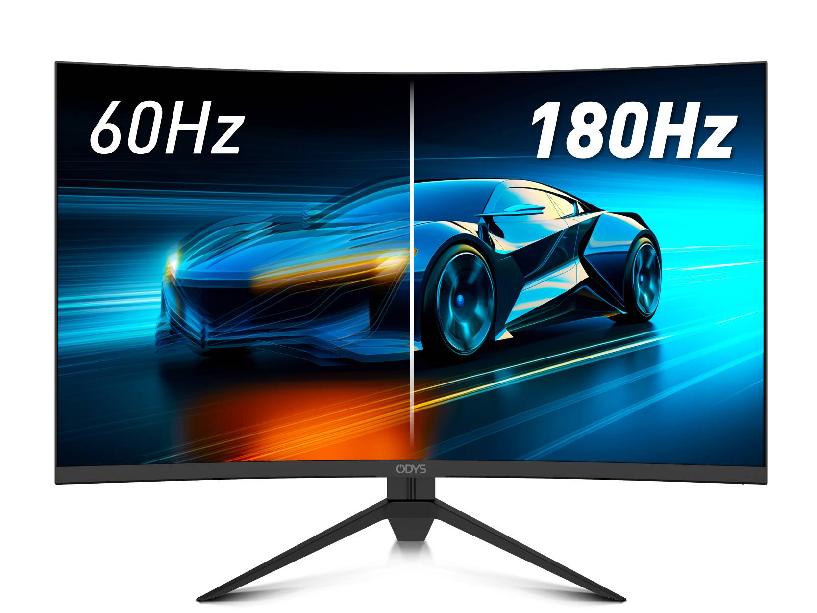 Une image divisée d'une voiture montre une comparaison de performances : côté gauche flou avec '60 Hz', côté droit net avec '180 Hz', démontrant la fluidité du mouvement.