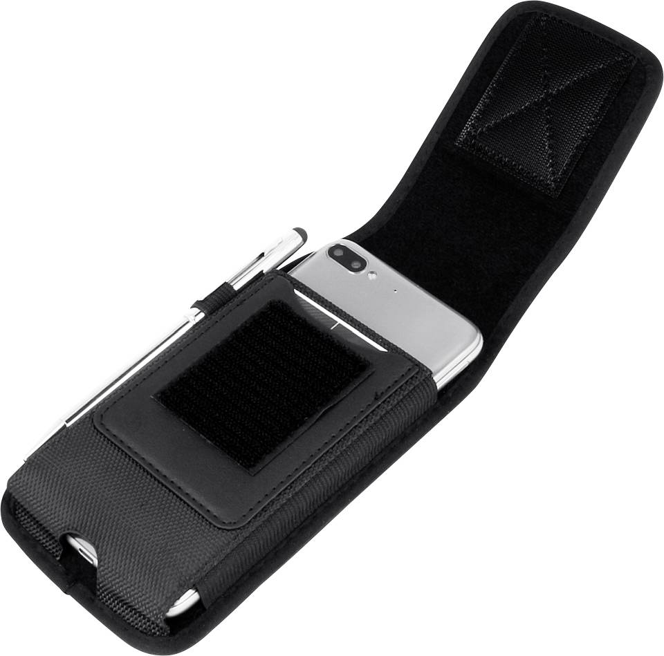 Un étui de ceinture noir avec un rabat en velcro partiellement ouvert, contenant un téléphone argenté et un stylo. L'étui présente une surface texturée et un design robuste.