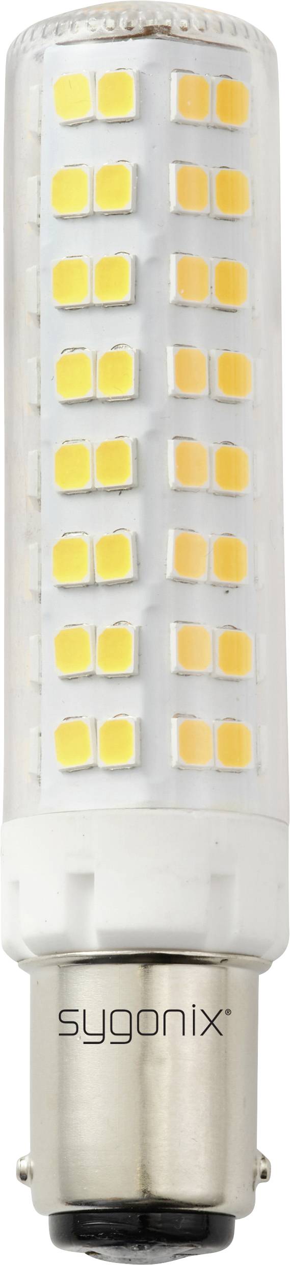 Une ampoule LED cylindrique avec une base B22, de marque 'sygonix'. Elle est composée de plusieurs puces LED jaunes disposées en motif de grille.