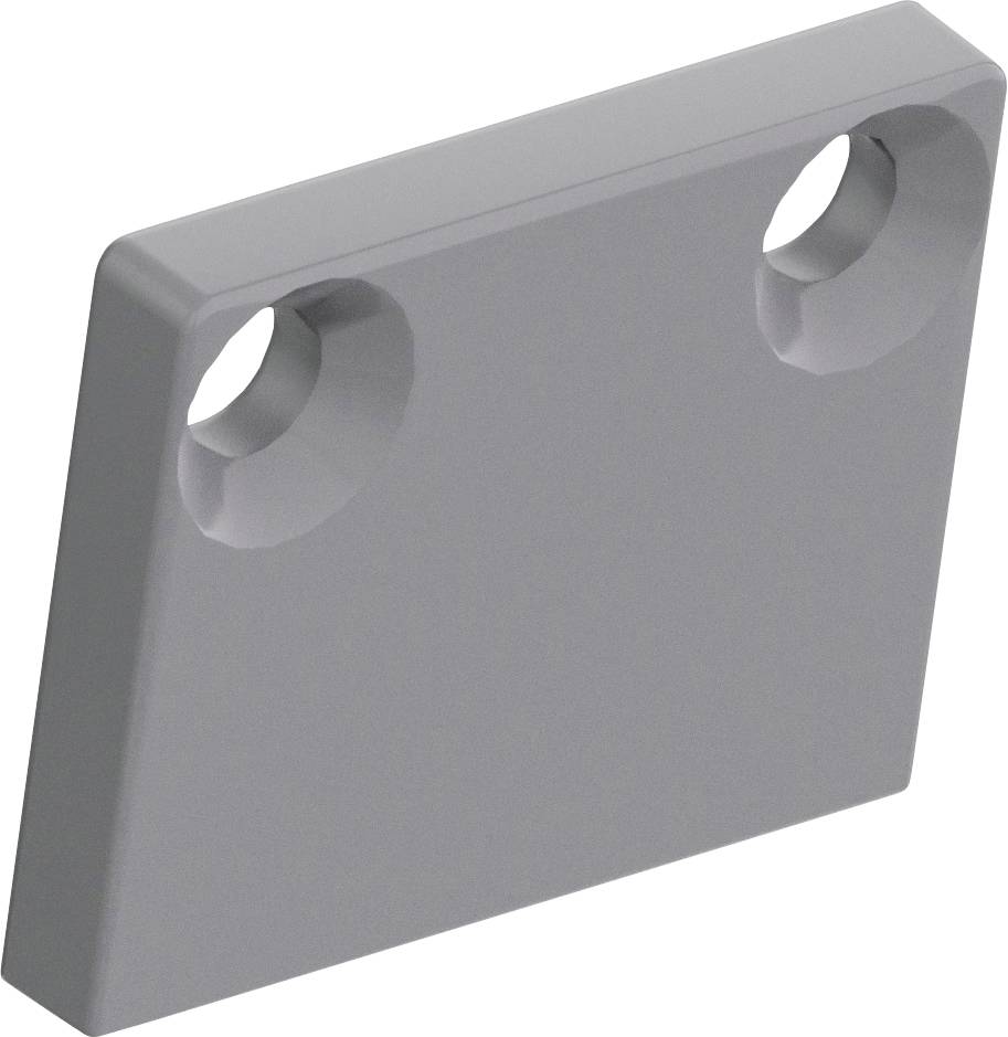 Une plaque métallique grise, rectangulaire et plate, comportant deux trous circulaires près du bord supérieur.