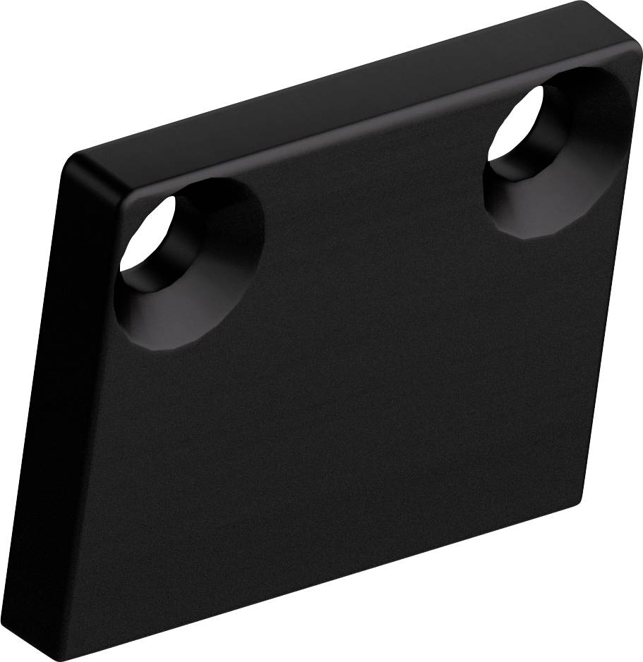 Un support rectangulaire noir en métal avec deux trous circulaires près des coins supérieurs pour des fins de montage ou de fixation.