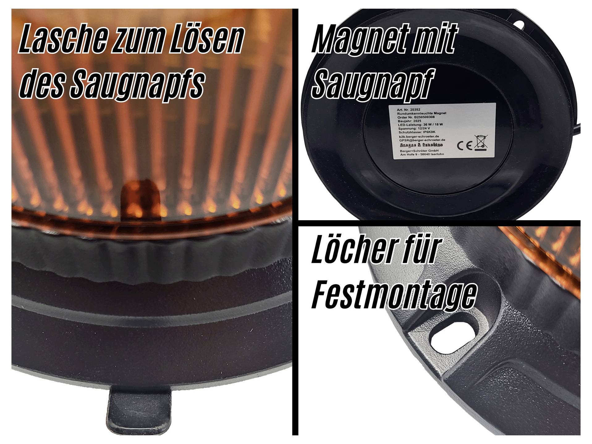 Berger & Schröter Gyrophare SM828-HH 12 V sur bloc d'alimentation montage fixe, pied magnétique orange