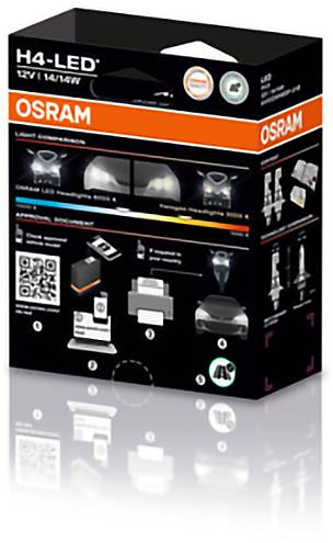 Boîte pour ampoule de phare automobile OSRAM H4-LED, présentant des images du produit, ses caractéristiques et un code QR pour plus d'informations.