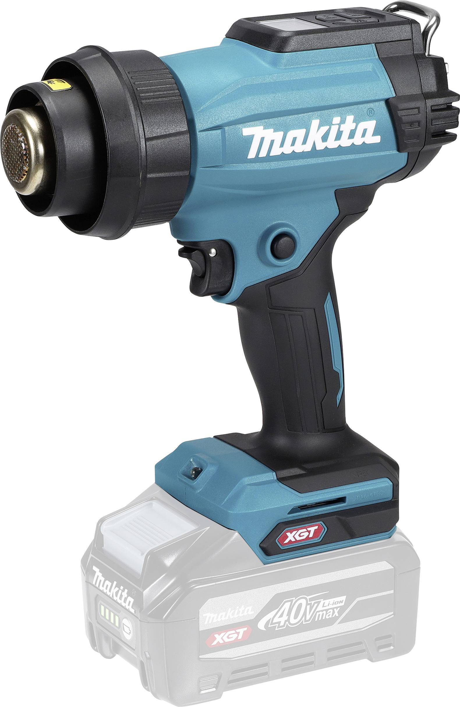 Un outil pistolet thermique Makita XGT bleu et noir est présenté. L'outil dispose d'un écran numérique et d'une poignée de préhension, conçu pour un usage professionnel.