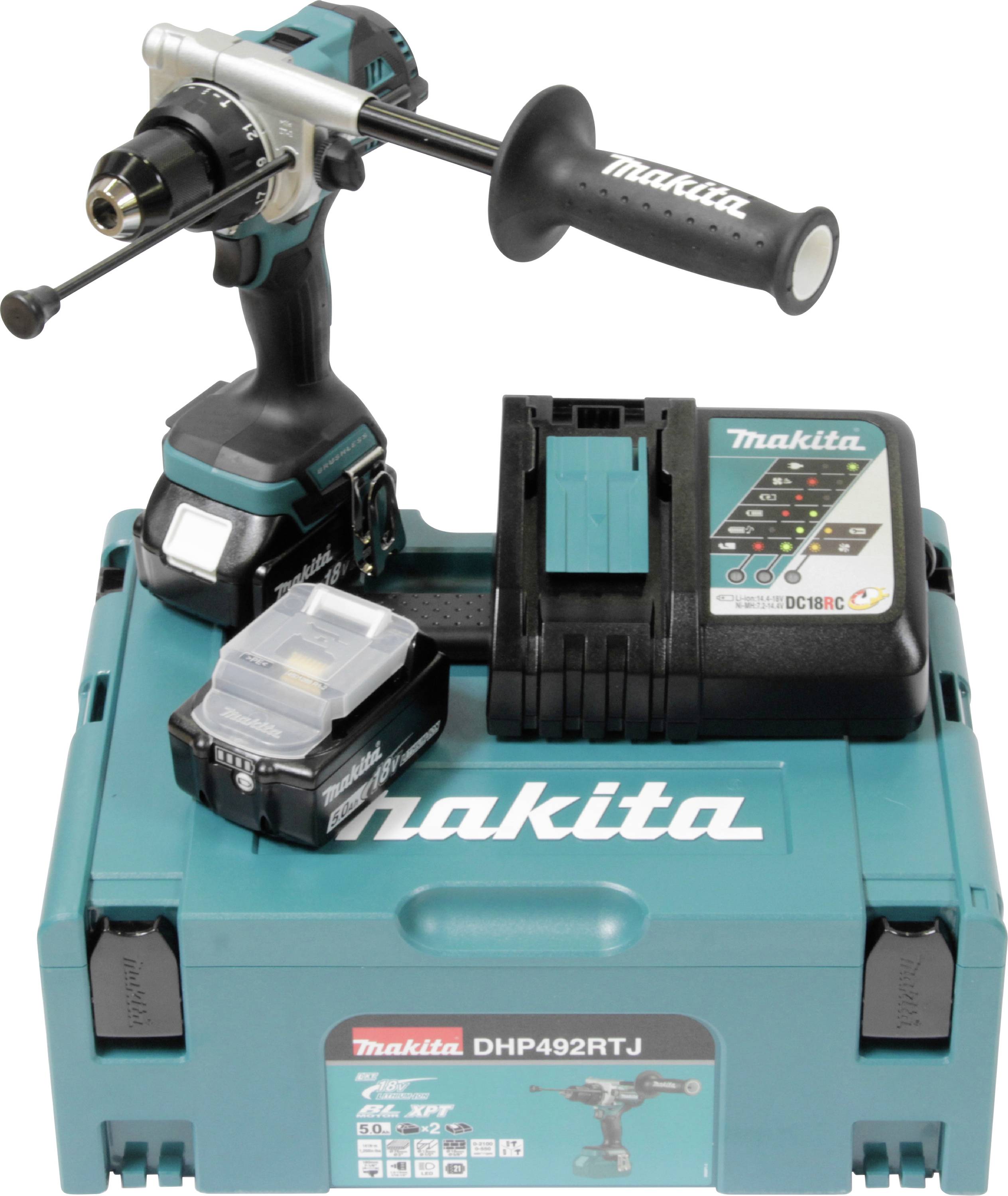 « Perceuse sans fil Makita avec un bloc de batterie et un chargeur, présentée sur un étui à outils. La perceuse est équipée d'une poignée latérale pour la stabilité. »