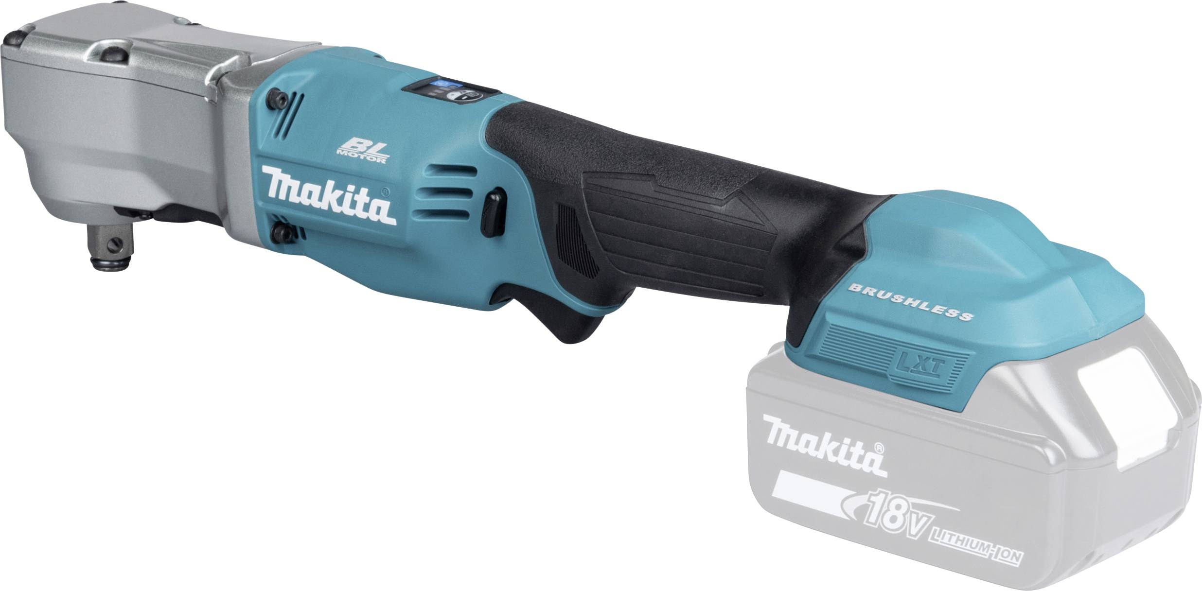 Meuleuse d'angle sans fil portable avec un design bleu et noir, équipée d'un moteur brushless et d'un pack batterie lithium-ion 18V.