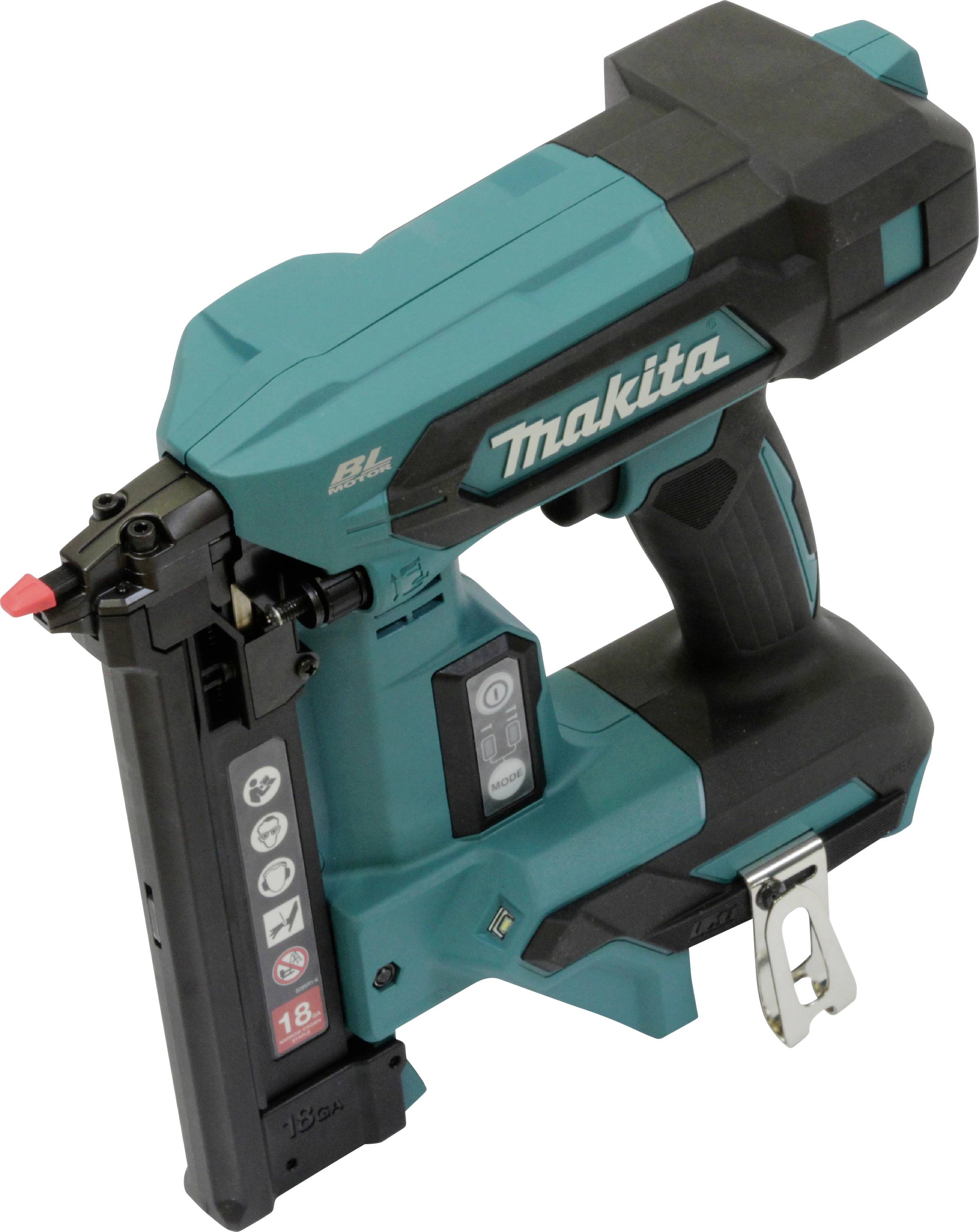 Un pistolet à clous sans fil bleu-vert et noir, présentant un design ergonomique et un indicateur de niveau de batterie visible sur le côté.