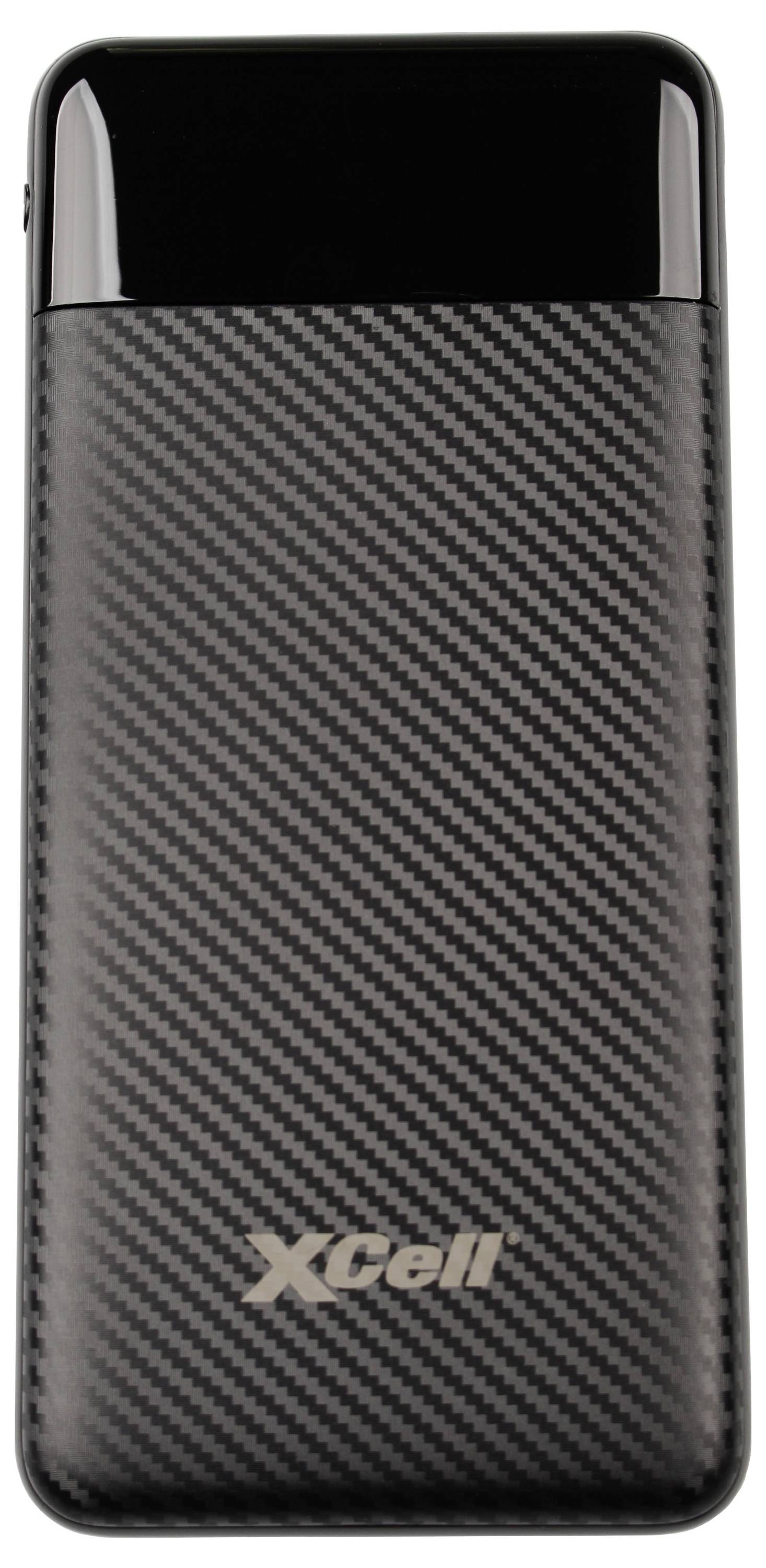 Une batterie externe portable avec un design en fibre de carbone noir et le logo 'XCell' en bas.