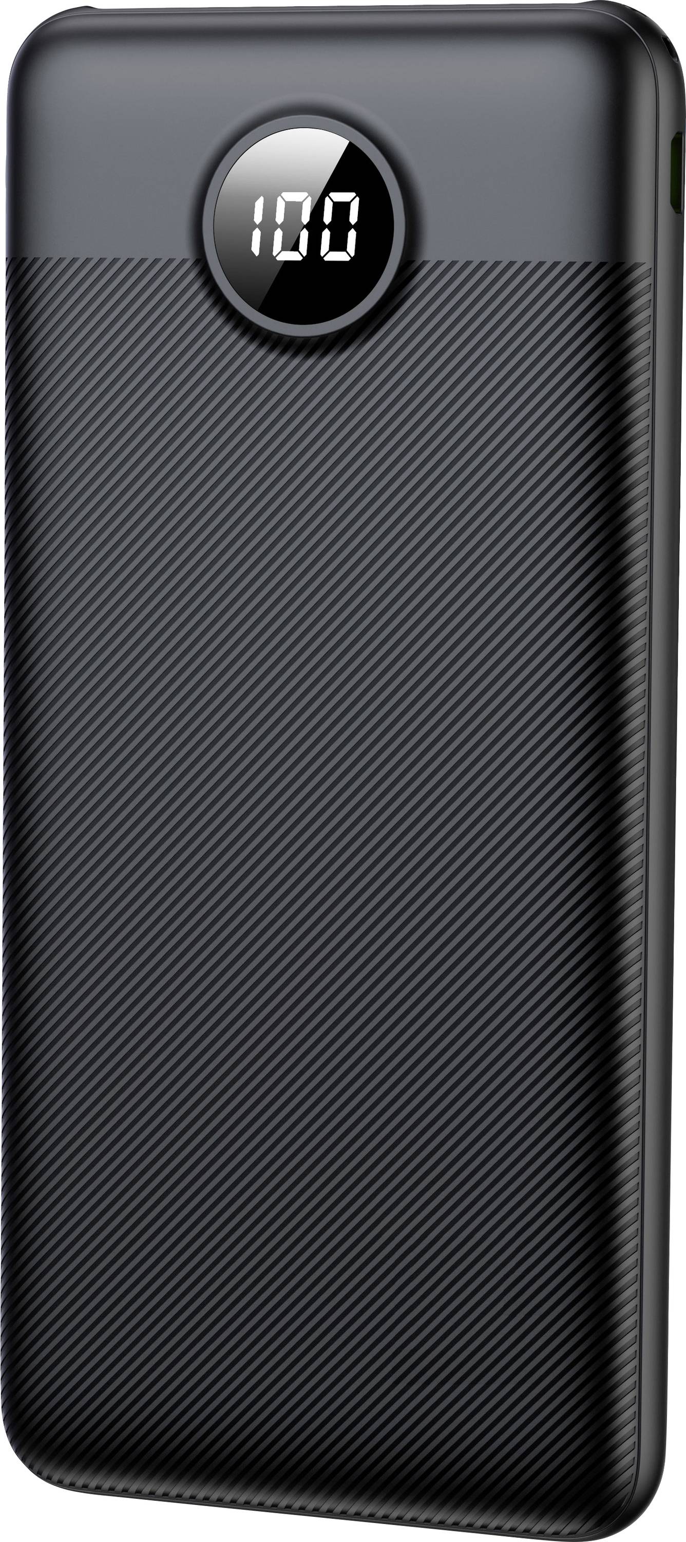 Une batterie externe noire portable avec un affichage numérique indiquant '100', signalant une charge complète.