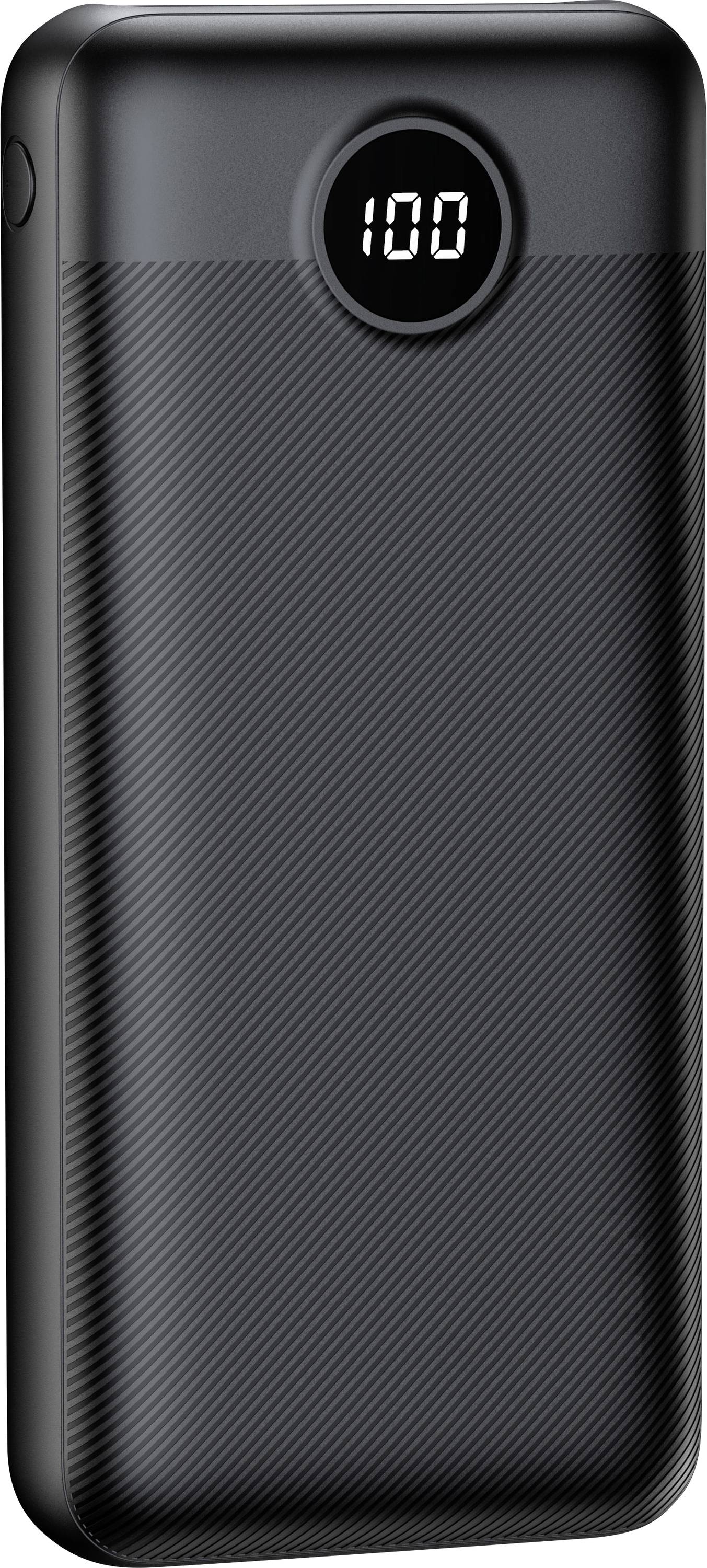 Un bloc d'alimentation portable noir avec un écran numérique affichant '100', indiquant une charge complète.