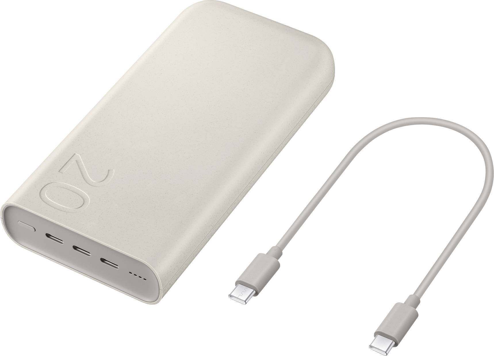 Une batterie externe beige portable avec « 20 » gravé sur le dessus, accompagnée d'un court câble USB-C pour charger les appareils.