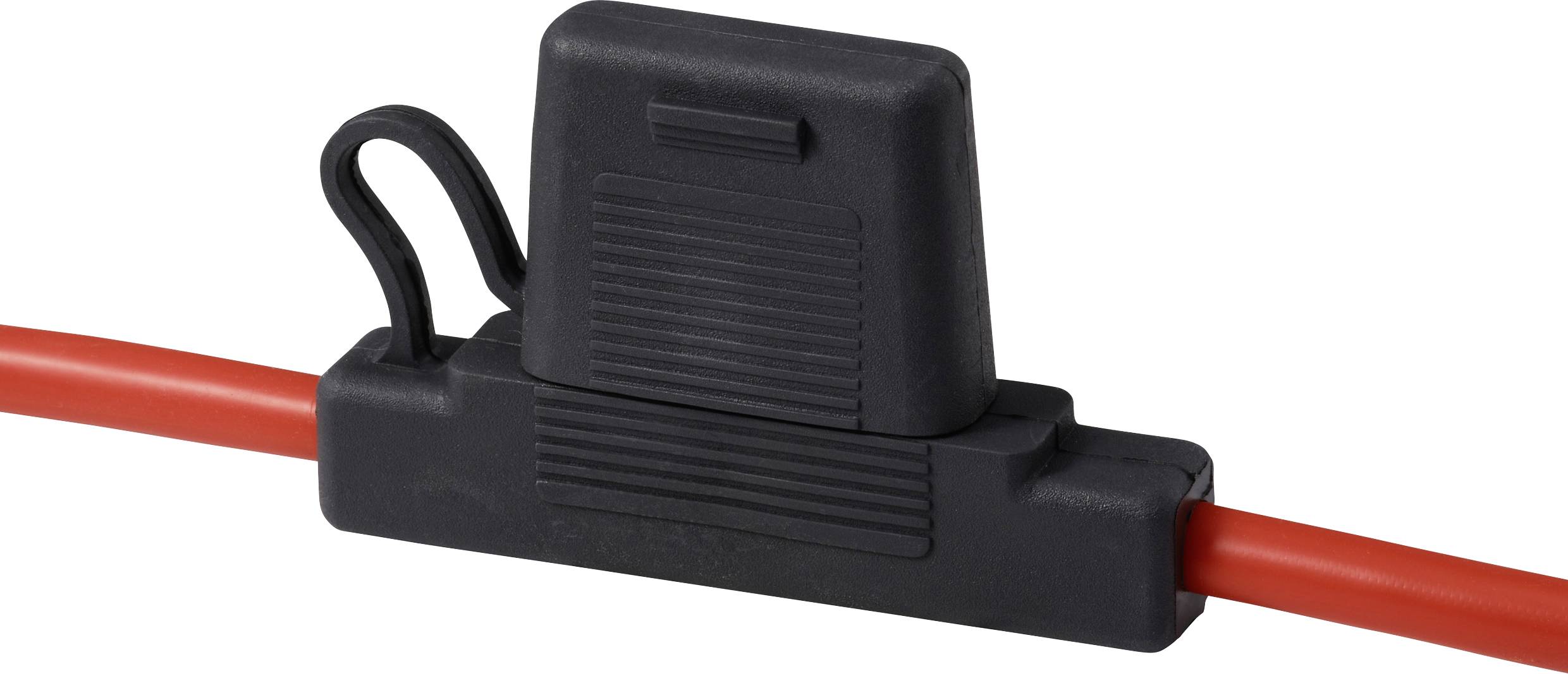 Un support de fusible en ligne noir avec une boucle en caoutchouc est attaché à un fil électrique rouge, utilisé pour protéger les circuits électriques.