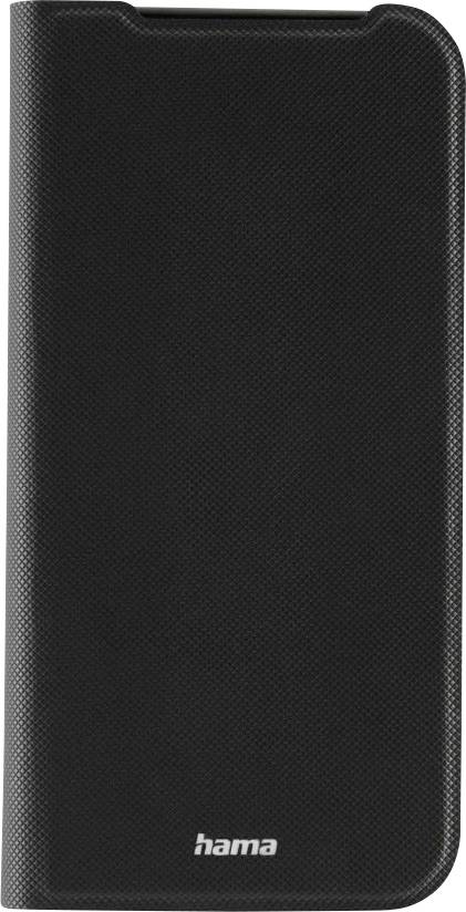Étui noir pour téléphone avec surface texturée, affichant le logo 'hama' en bas.