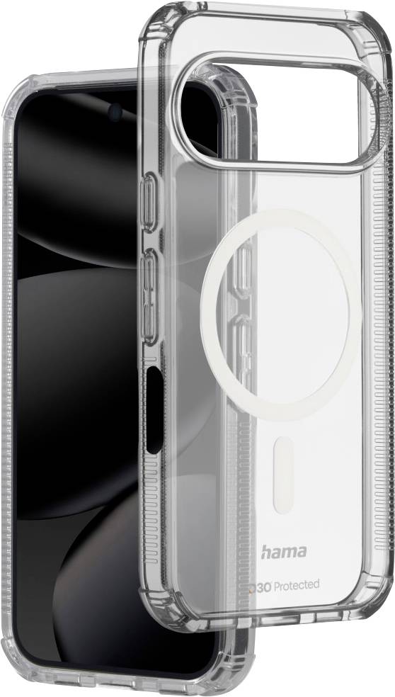 Un étui de téléphone transparent avec des bords protecteurs, conçu pour un modèle de smartphone spécifique, présentant un élément circulaire à l'arrière.
