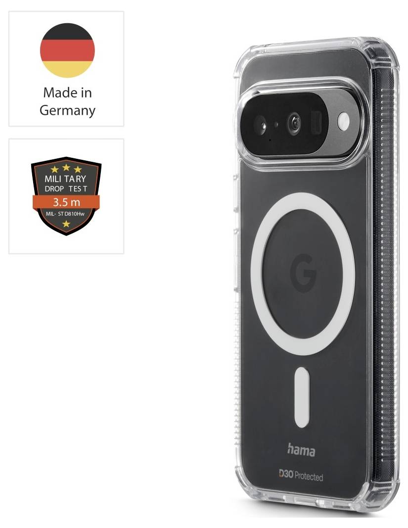 Un étui de smartphone au design robuste. Il arbore une étiquette indiquant « Fabriqué en Allemagne » et un badge signalant un test de chute militaire de 3 mètres.