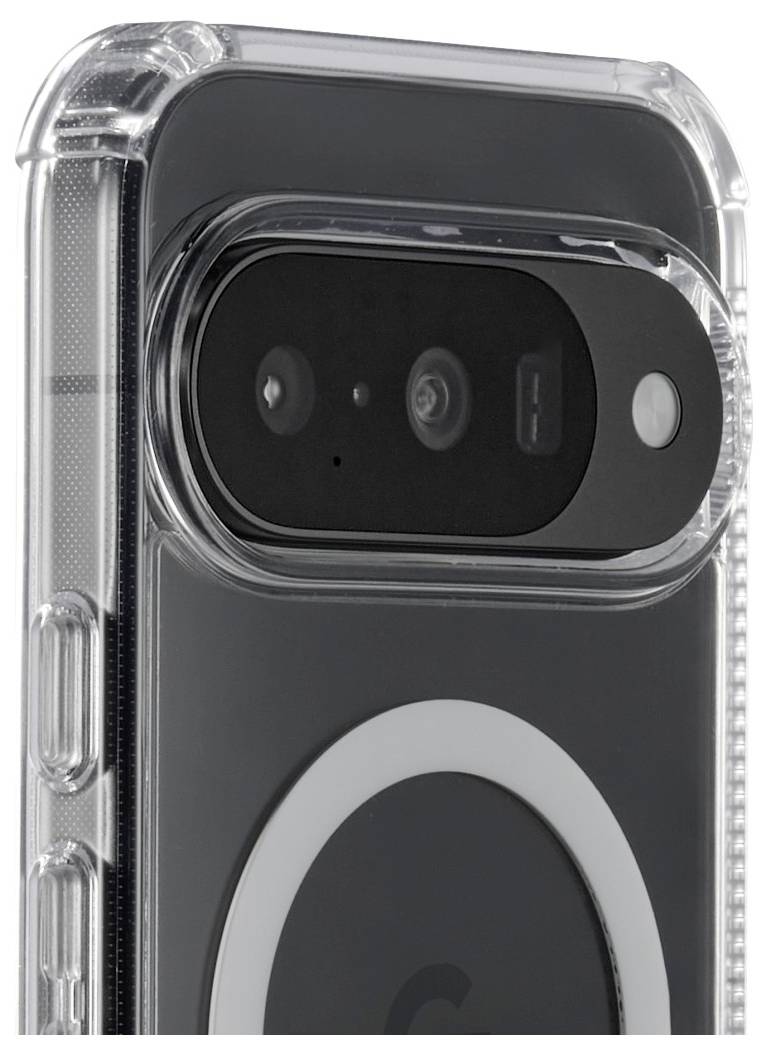 Gros plan d'un smartphone dans un étui transparent, mettant en valeur le dispositif de caméra arrière avec deux objectifs et un design circulaire sur le dos.