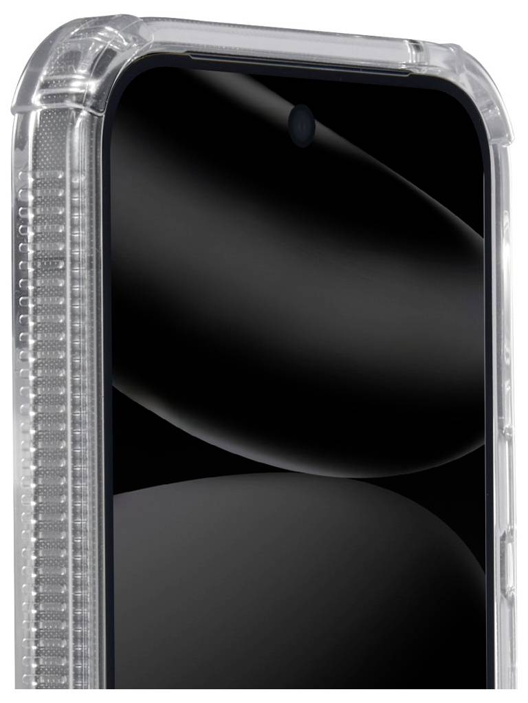 Un gros plan d'un smartphone avec un étui de protection transparent et strié sur le côté. L'écran est éteint, reflétant la lumière ambiante.