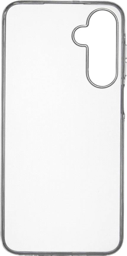 Un étui de téléphone transparent avec une découpe verticale, comprenant un relief supplémentaire, probablement destiné à la caméra et aux capteurs sur le côté supérieur droit.