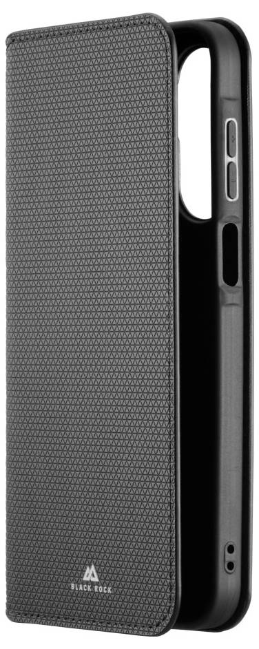 Étui de téléphone noir texturé avec une couverture rabattable et des découpes précises pour les boutons et l'appareil photo. Marqué du logo 'Black Rock' en bas.