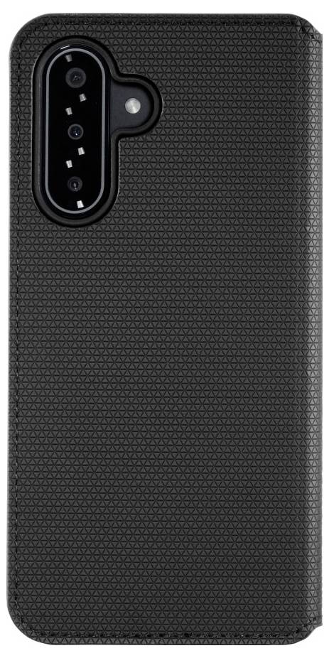 Étui de smartphone noir texturé avec découpe pour appareil photo dans le coin supérieur gauche.