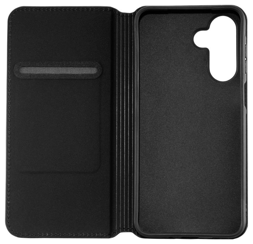 Un étui de téléphone noir avec un couvercle rabattable, doté d'un emplacement pour carte sur le panneau intérieur gauche et un support de téléphone sur le panneau droit.