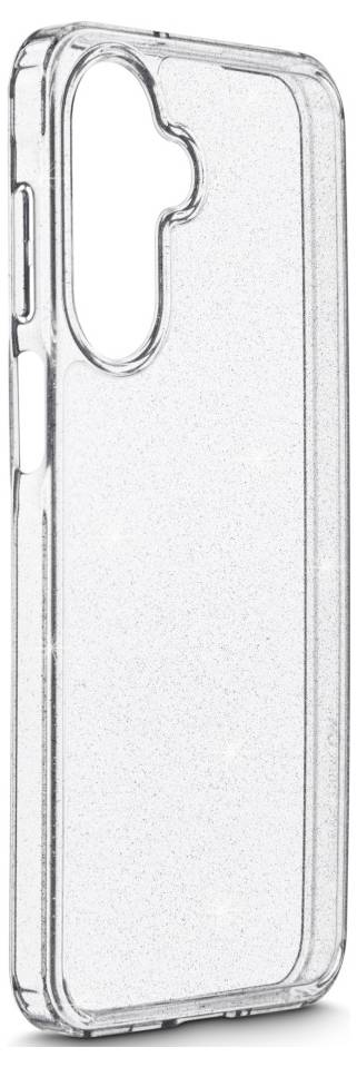 Un étui de smartphone transparent et scintillant, avec une découpe pour l'emplacement de l'appareil photo, conçu pour protéger et mettre en valeur le design du téléphone.