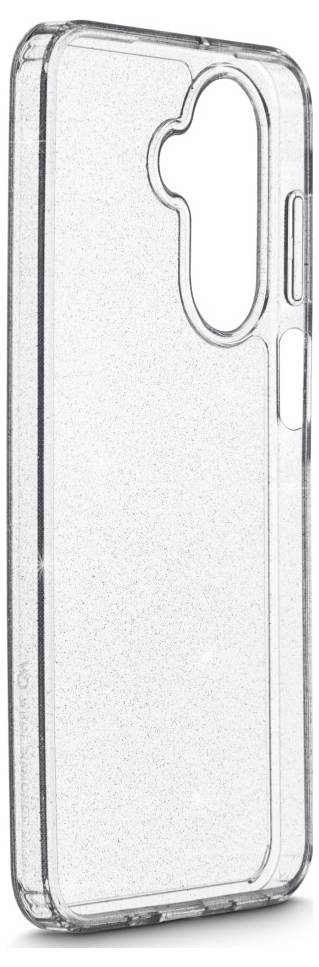 Étui de téléphone transparent avec des paillettes, aux bords arrondis, avec des découpes précises pour la caméra et les boutons.