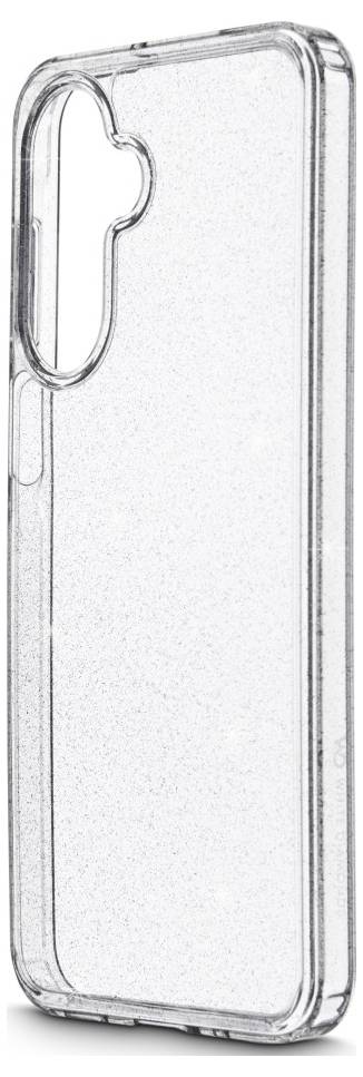 Étui de téléphone transparent avec un design texturé, comprenant des découpes pour l'appareil photo et les boutons, positionné verticalement sur un fond blanc.