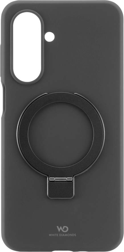 Un étui de téléphone noir avec un support de bague circulaire à l'arrière, conçu pour améliorer la prise en main. Le logo de la marque « White Diamonds » apparaît en bas.