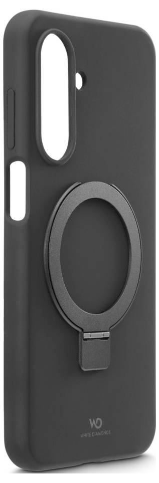 Un étui noir pour téléphone avec un support de bague intégré et une découpe verticale pour l'appareil photo, conçu pour un transport facile et une stabilité optimale.