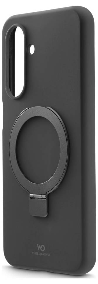 Un étui noir pour smartphone avec une bague support à l'arrière pour une prise en main et un positionnement faciles. Il présente des découpes précises pour l'appareil photo et les boutons.