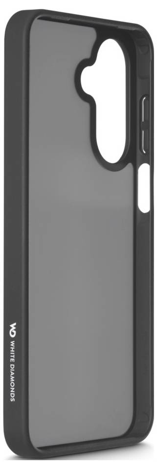 Étui de téléphone noir et gris avec une ouverture pour les objectifs de l'appareil photo et un bouton latéral allongé. Le nom de la marque est imprimé en texte blanc sur le côté.