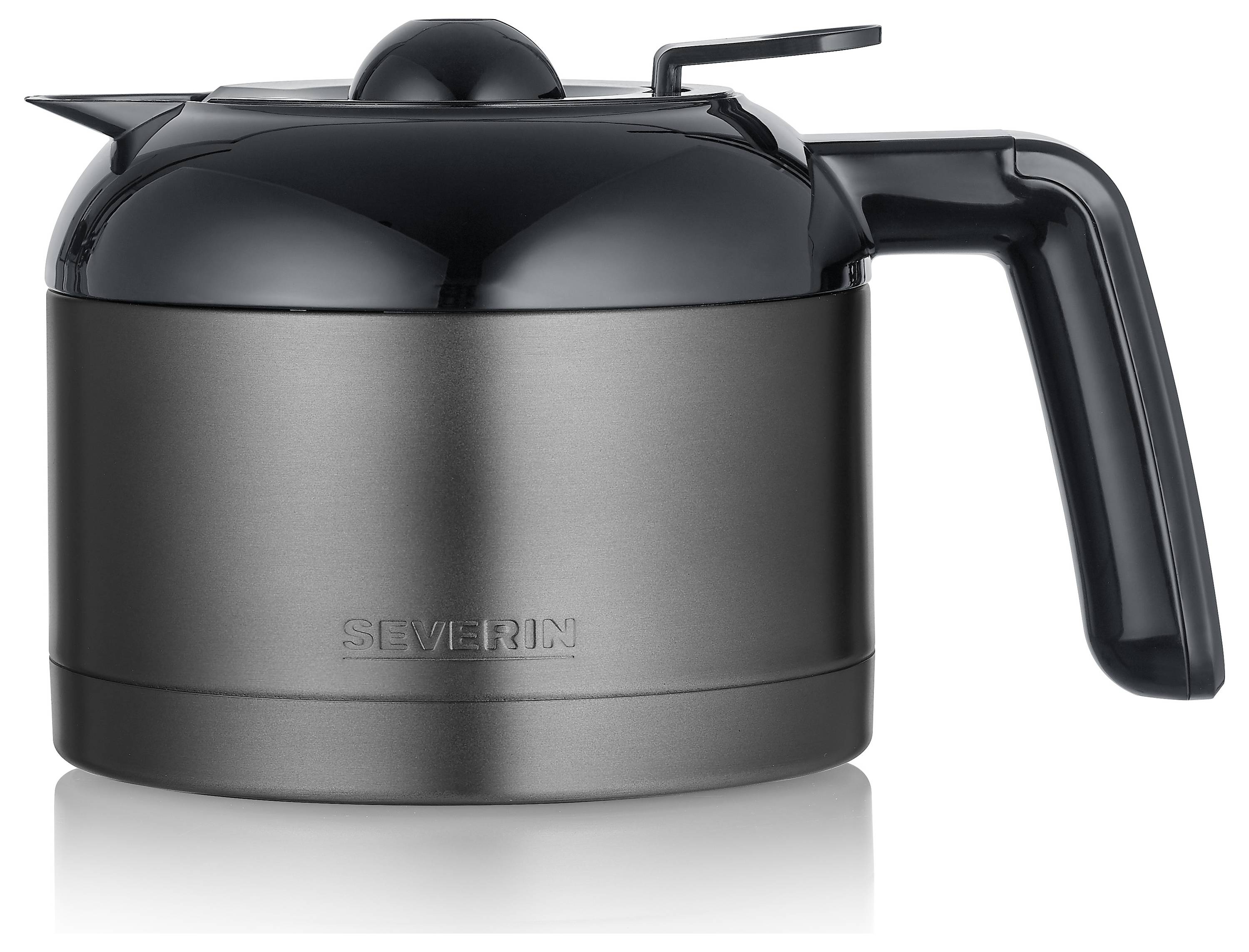 Une cafetière élégante, noir et métallique, dotée d'une poignée ergonomique, conçue par Severin, présentée sur un fond blanc.