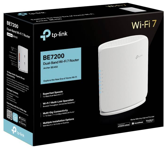 Routeur Wi-Fi 7 Double Bande TP-Link BE7200 présentant l'appareil, avec des caractéristiques telles que des vitesses ultra-rapides, Wi-Fi 7, et une opération multi-lien.