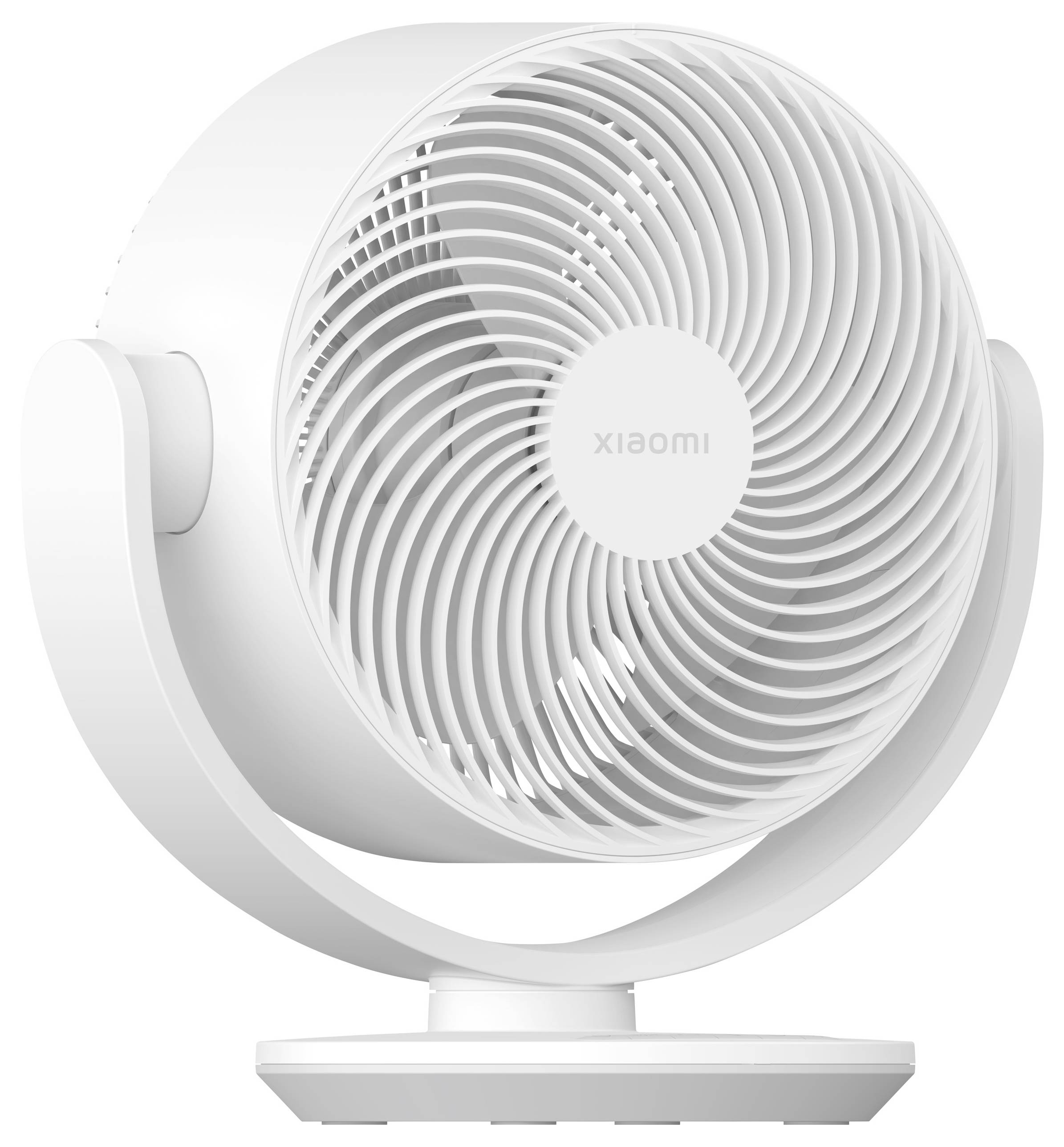 Un ventilateur de bureau blanc oscillant avec un design de grille circulaire et le nom de marque 'xiaomi' imprimé à l'avant, positionné contre un arrière-plan uni.