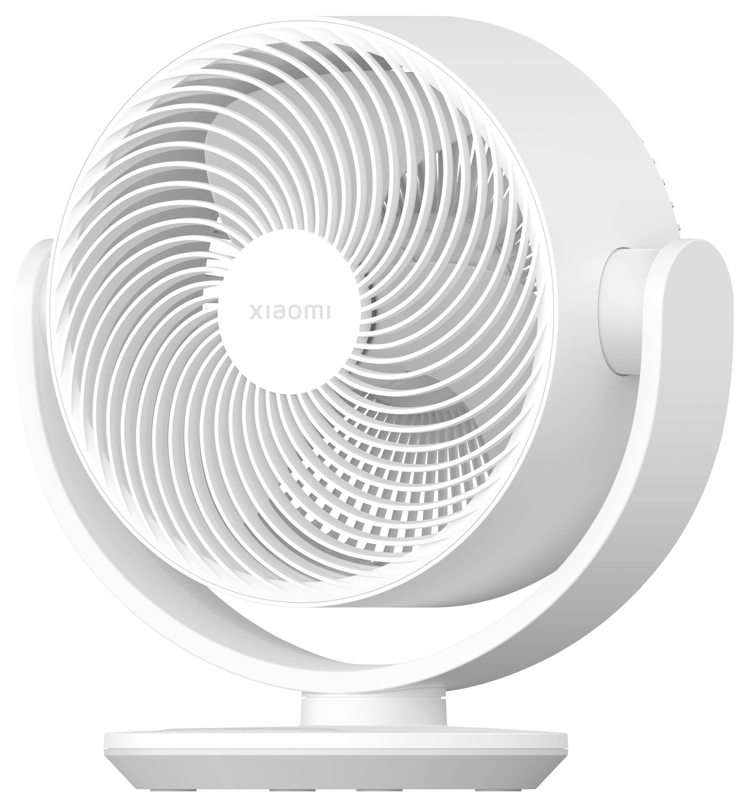 Un ventilateur de bureau blanc avec une grille circulaire et un pivot réglable, conçu pour une utilisation domestique. La marque « xiaomi » est visible sur l'avant.