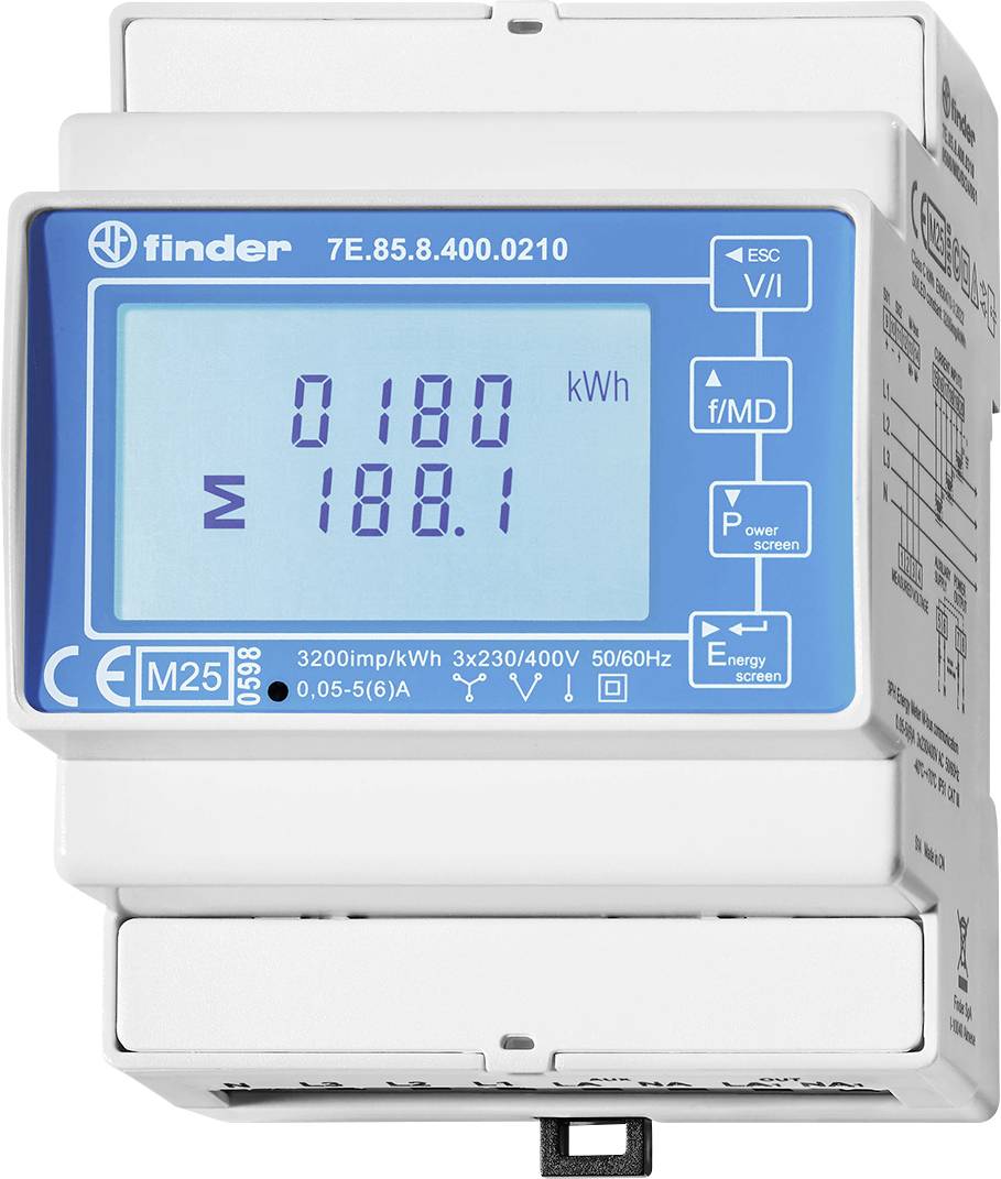 Un compteur électrique avec un affichage numérique indiquant '0180 kWh' et '188.1'. L'appareil comporte plusieurs boutons et des détails de modèle.
