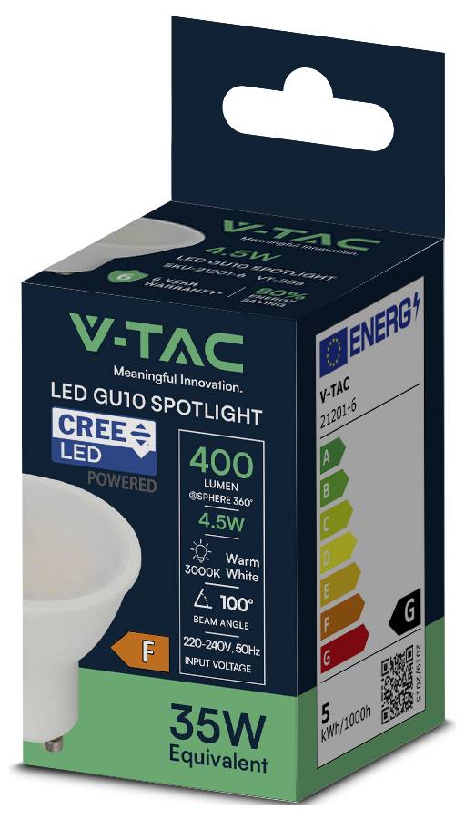 V-TAC 21201-6 LED SMD CEE F (A - G) GU10 4.5 W = 35 W blanc chaud