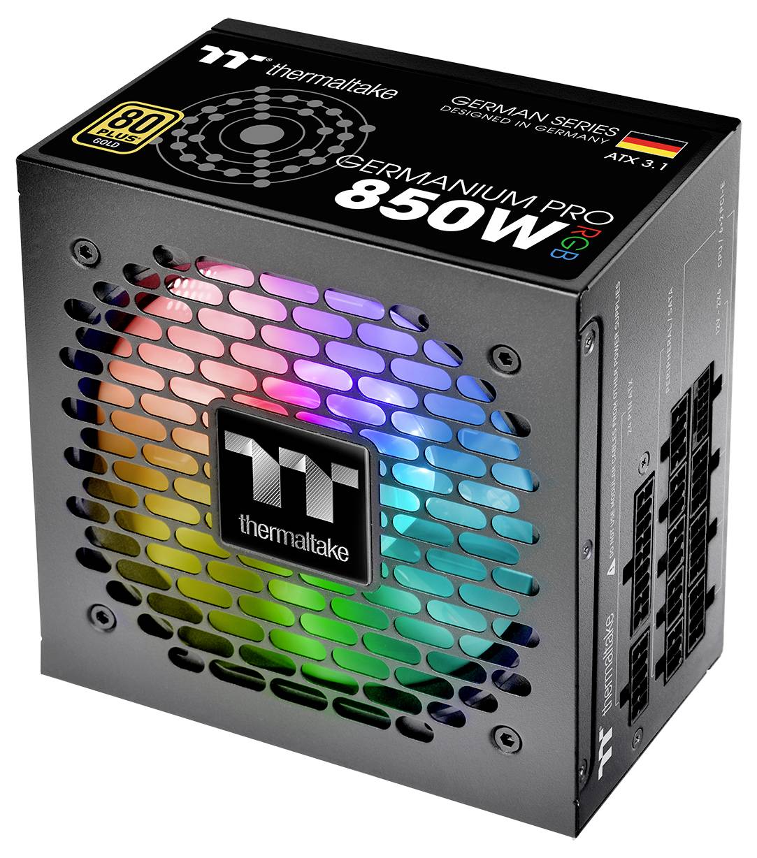 Bloc d'alimentation Thermaltake Germanium Pro 850W avec éclairage RVB, présentant un design métallique ventilé et plusieurs ports de sortie.