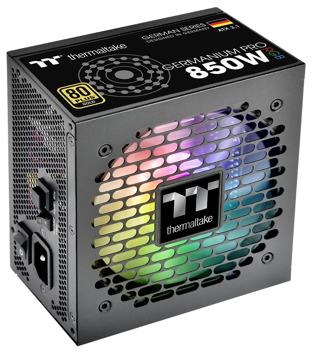 Bloc d'alimentation Thermaltake étiqueté 'Germannium Pro 850W' avec ventilateur RGB, certification 80 Plus Gold et boîtier noir.